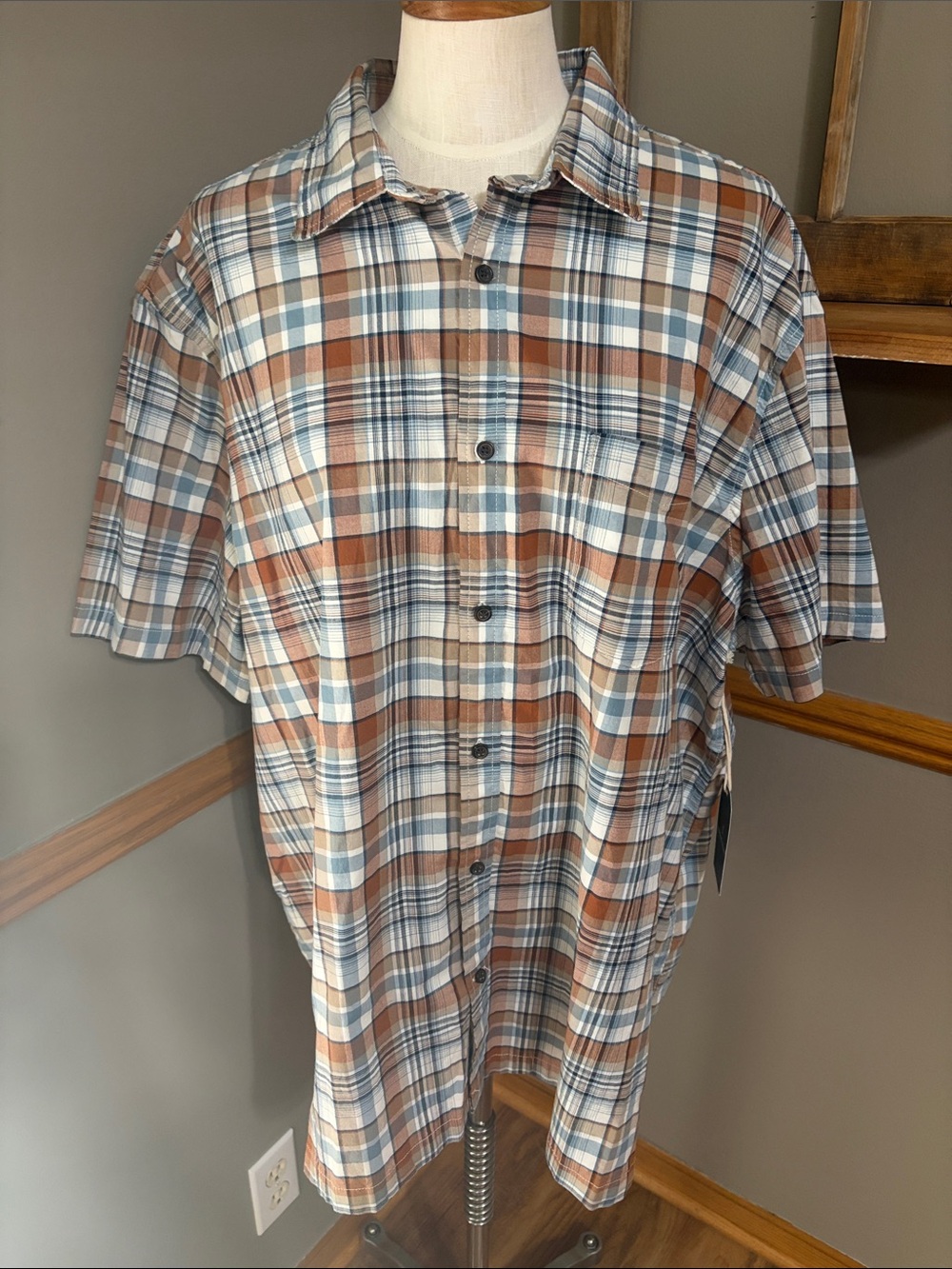 Mutual weave brown & blue plaid Short Sleeve button down Shirt size XXL
